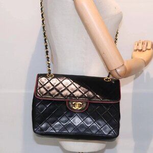 CHANEL Matelasse Turn Lock Chain Hand Bag Lamb Skin Black Gold CC Auth